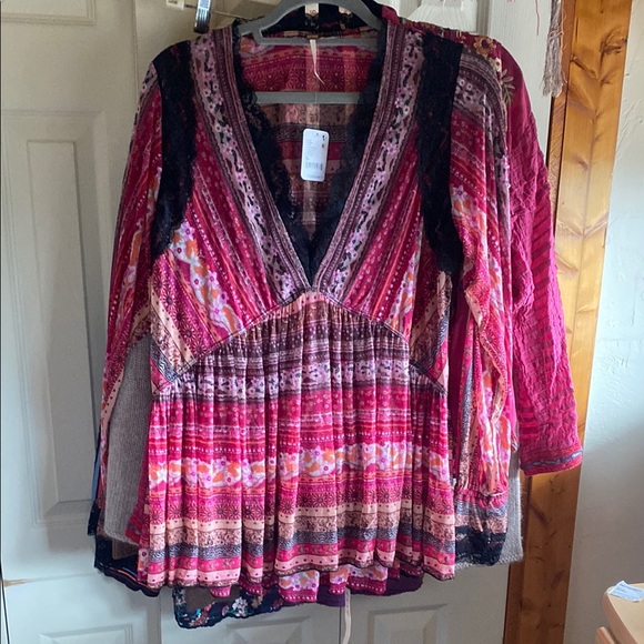 Free People NWT Natalie Boho Print Lace Long Sleeve Vneck Slip/Tunic Top XS - Picture 4 of 15